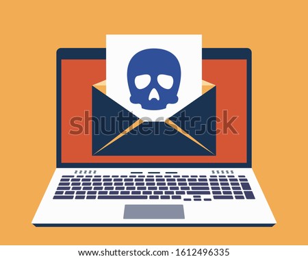 Laptop, E-Mail on Its Screen and Paper Leaf With Icon of Skull on It. Computer Virus Infected Mail Concept. Vector Illustration in Flat Design Style