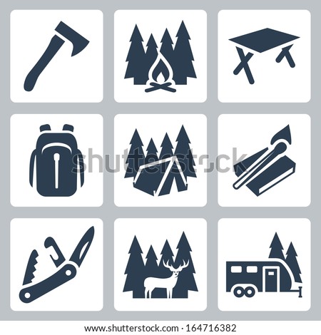 Vector camping icons set: axe, campfire, camping table, backpack, tent, matches, folding knife, deer, camping trailer