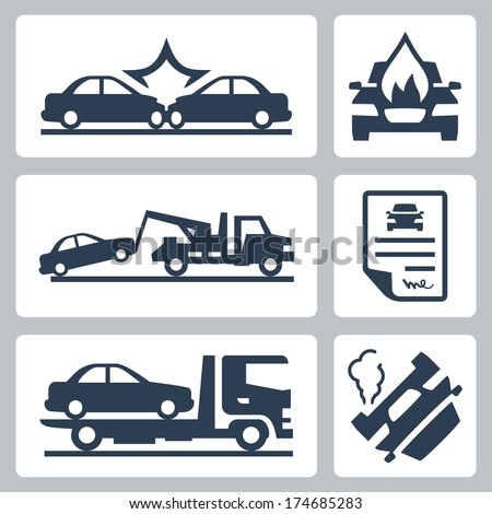 Vector breakdown truck and car accident icons set