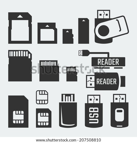 Memory cards, sticks, readers and SIM cards vector silhouettes