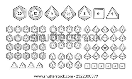 D4, D6, D8, D10, D12, and D20 Dice Icons for Board Games With Numbers, Line Style With Hatching