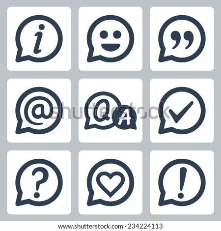Symbols in speech bubbles vector icon set: info, smile, quotation, e-mail, FAQ, checkmark, question mark, heart, exclamation mark