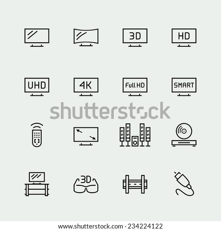 TV related vector icon set, thin line style
