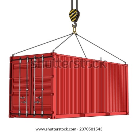 20-Foot Red Shipping Container Hanging on a Crane Hook With Wire Ropes Over White Background. Vector Illustration