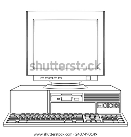 Retro Personal Computer With CRT Monitor and Horizontal Case. Vector Illustration in Outline Style