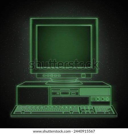 Contour of Retro Computer in Deep Space. Retro 80s Futuristic Design