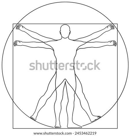 Vector Illustration Based on Leonardo da Vinci’s Vitruvian Man. Concept of Ideal Proportions of the Human Body. Outline Style