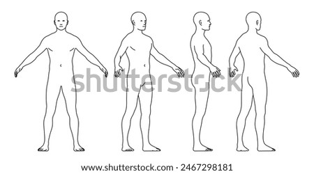 Vector Illustration of a Man’s Body From Different Perspectives. Outline Style