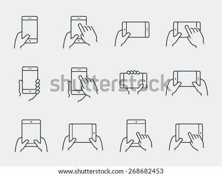 Icon set of hands holding smartphone and tablet