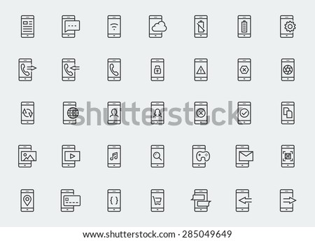 Smart-phone functions and apps vector icon set in outline style