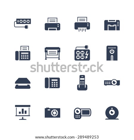 Electronics and gadgets icon set: surge suppressor, printer, shredder, multifunction device, fax, plotter, UPS, scanner, phone, projector, screen, photo camera, video camera, web camera