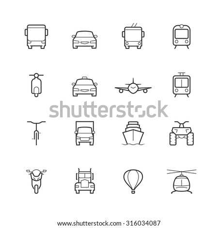 Transportation icons in thin line style, front view