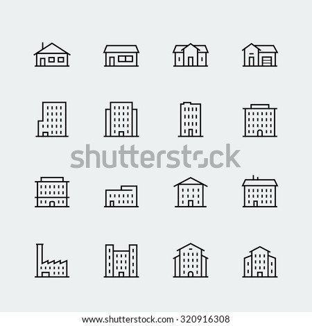 Buildings vector icon set in thin line style