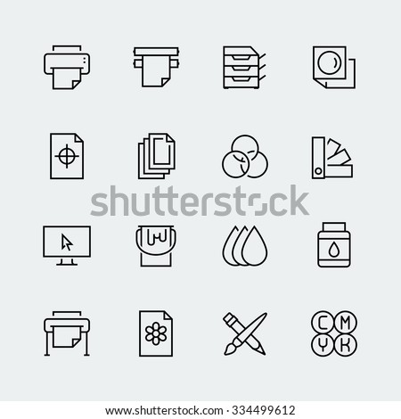 Printing vector icon set in thin line style