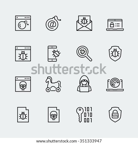 Computer virus, digital protection and hacker attack icon set