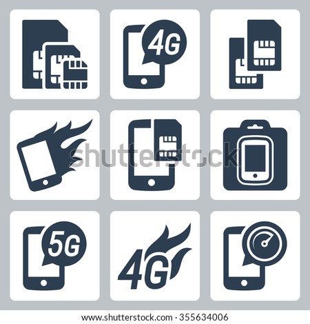 Simcards, 4g, 5g and mobile communication related vector icon set