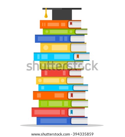 Sheaf of colorful books with square academic cap on top of it. Vector flat design style illustration