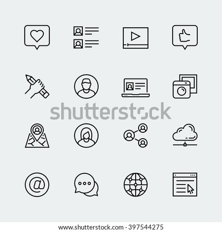 Social media, communication and web profile vector icon set in thin line style