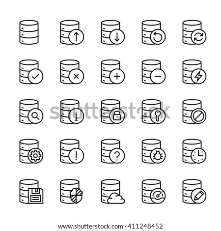 Database and data center vector icon set in thin line style
