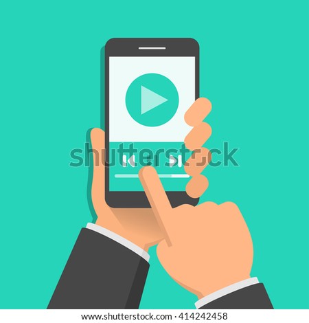 Media player app on smartphone screen. One hand holds smartphone and finger touch screen. Flat design vector illustration