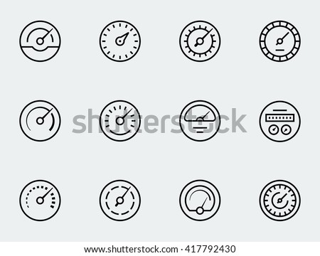 Meter icon set in thin line style. Symbols of speedometers, manometers, tachometers etc.