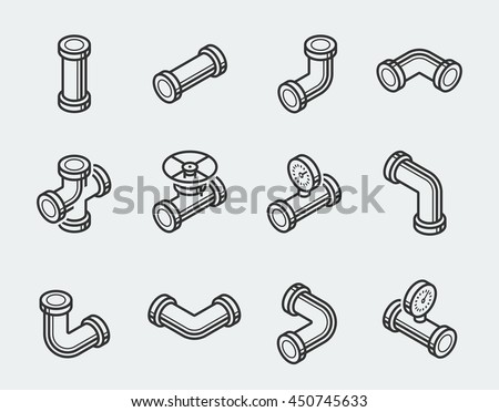 Isometric pipes, fittings, valve and meters vector icon set in thin line style