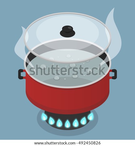 Red pan with lid and boiling water on gas burner. Vector isometric illustration