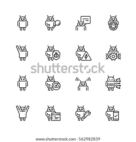 Robot or bot related vector icon set in thin line style