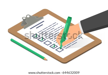 Hand holding highlighter checking list on clipboard accompanied by pencil. Isometric vector illustration