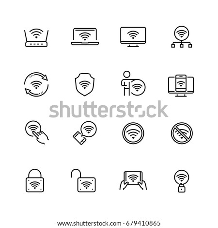 Wifi related vector icon set in thin line style with editable stroke