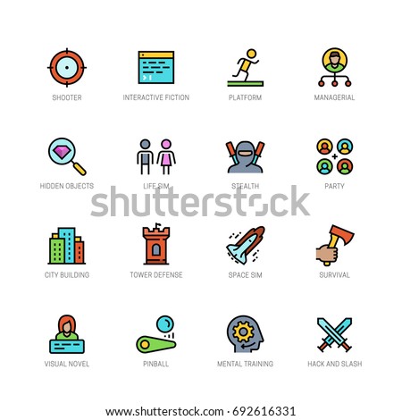 Video game genres vector icons set in filled outline style #2
