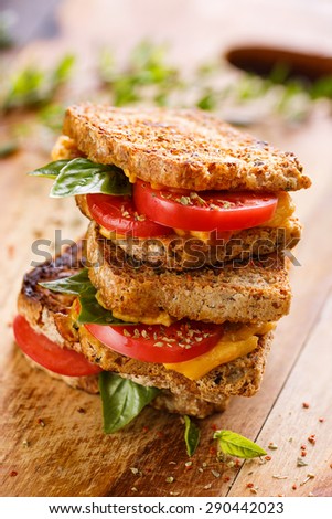 Toasts with cheddar cheese, tomatoes and basil