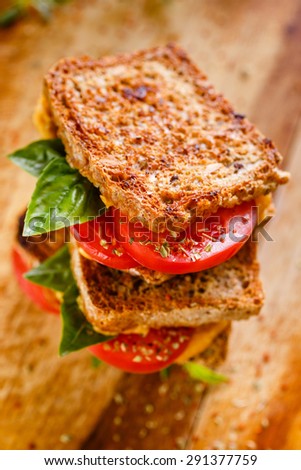 Toasted homemade bread with  cheddar cheese, tomatoes and basil