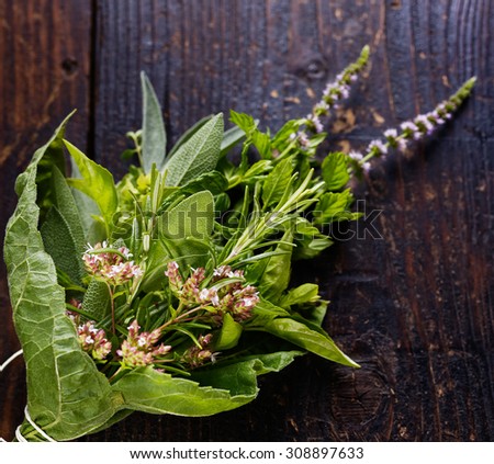 Bouquet of fresh organic herbs: mint, oregano, sage, basil, rosemary on a wooden background