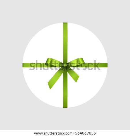 Vector White Round Gift Box with  Green Satin Bow and Ribbon Top View Close up Isolated on White Background. 
