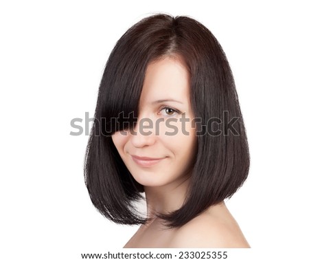 Close-up portrait of young beautiful woman with short hairstyle isolated on white background. Beautiful haircut. Short straight healthy hair.