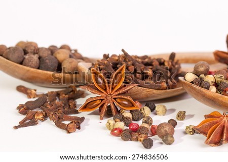 Spices. Spice in Wooden spoon. Herbs. Curry, Saffron, turmeric, cinnamon and other isolated on a white background. Pepper. Large collection of different spices and herbs isolated on white background