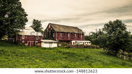 Rustic old barns on a farm in rural York County, Pennsylvania.