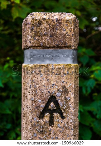 Trail marker for the Appalachian Trail in Shenandoah National Park, Virginia.