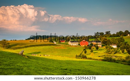 Evening light on farms and rolling hills in Southern York County, Pennsylvania.
