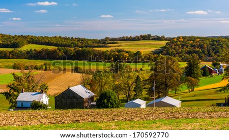 Early autumn view of farms in rural Southern York County, Pennsylvania.