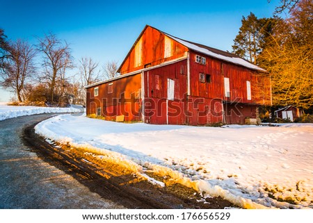 Red barn during the winter in rural York County, Pennsylvania.
