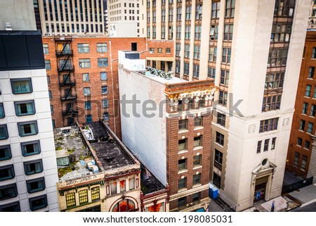 View of buildings on Lombard Street from a parking garage in Baltimore, Maryland.