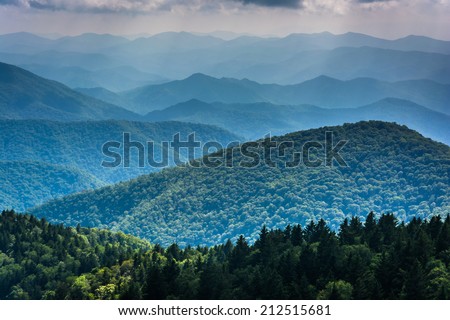 Layers of the Blue Ridge Mountains seen from Cowee Mountains Overlook on the Blue Ridge Parkway in North Carolina.