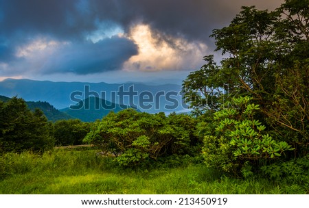 Dramatic evening view of the Blue Ridge Mountains from the Blue Ridge Parkway, near Craggy Gardens in North Carolina.
