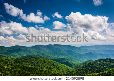 View of the Blue Ridge Mountains seen from Cowee Mountains Overlook on the Blue Ridge Parkway in North Carolina.