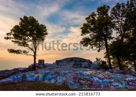 Graffiti covered rocks on the summit of High Rock, in Pen Mar County Park, Maryland.
