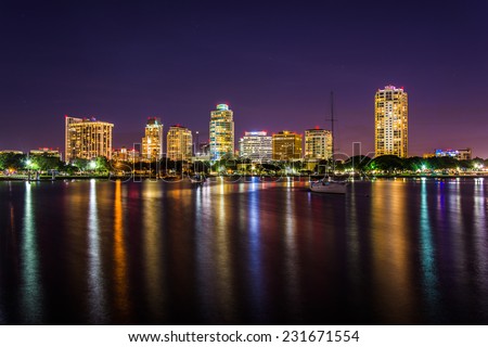 The skyline at night seen from Spa Beach Park, in Saint Petersburg, Florida.