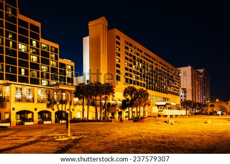Hotels at night, in Daytona Beach, Florida.