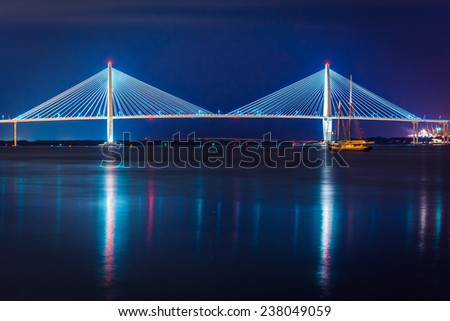 The Arthur Ravenel Junior Bridge at night in Charleston, South Carolina.